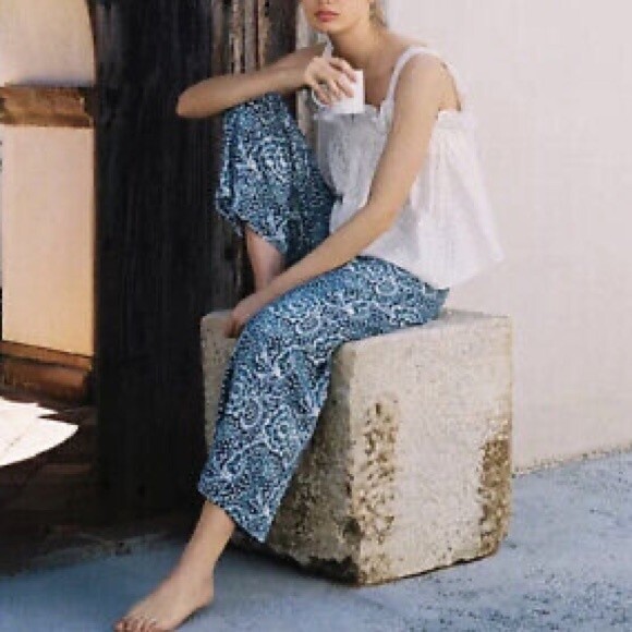 Anthropologie Maeve Blue Tile Print Flowy Pants Size SP Small Petite Boho Summer - Picture 1 of 12